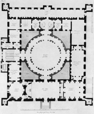 Robert Adam's plan for the reconstruction of Syon House. Five large rooms were executed. Starting with the large room bottom centre and working anti-clockwise these are: entrance hall; ante-room; dining room; red drawing room; gallery. The rest of Adam's proposals, including the central rotunda, were not implemented.